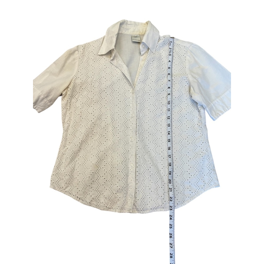 VINTAGE Cream Eyelet Lace Button Up Short Sleeve Collared Shirt S - Picture 6 of 7